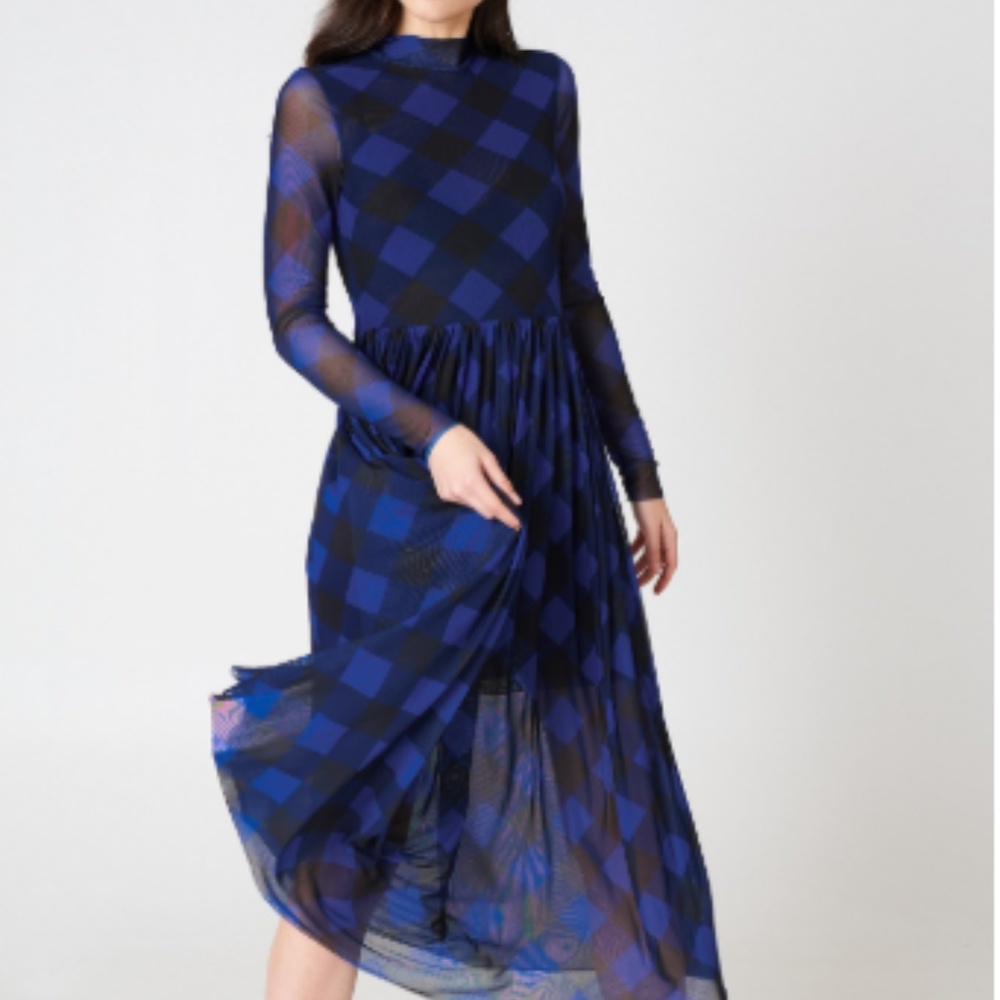 Blue Check Mesh Midi Dress